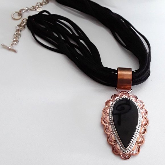 Native American Sterling Copper Onyx Large Pendant Necklace - Picture 4 of 6